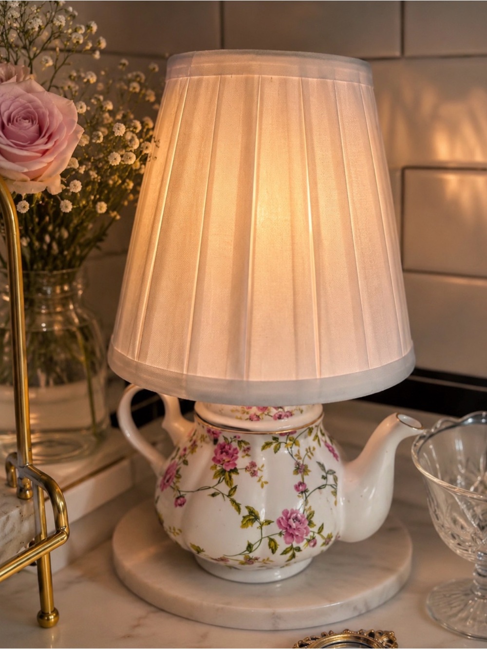Vintage Floral Teapot Lamp with White Pleated Shade